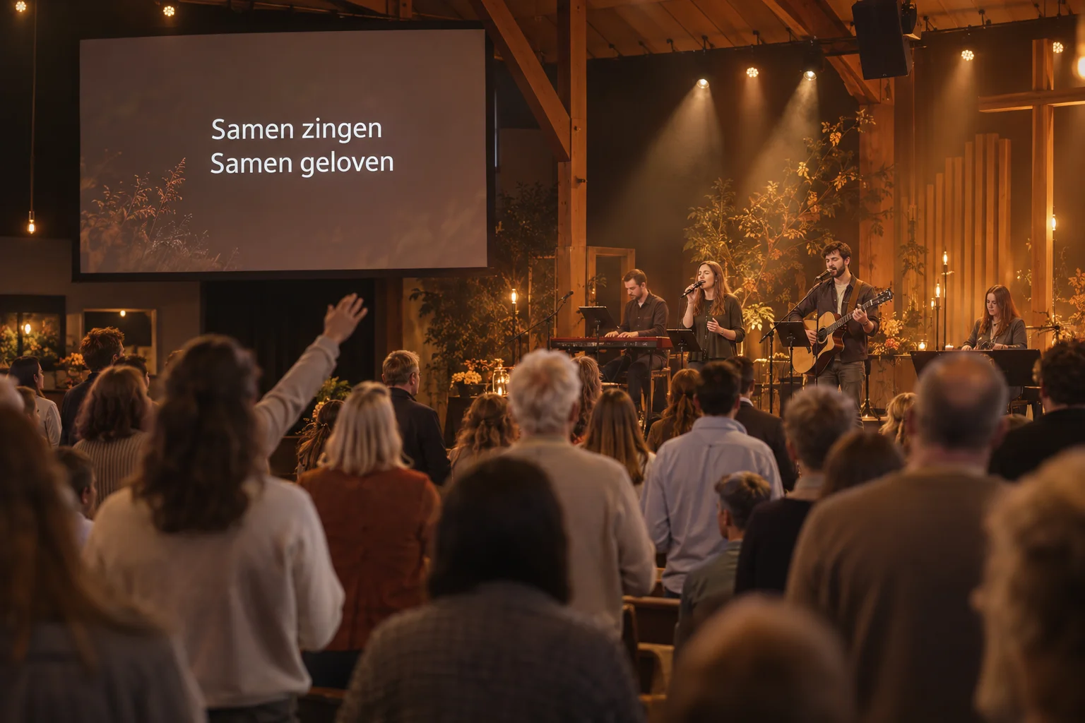 Worshipteam met Nederlandse liedtekst op het kerkprojectiescherm